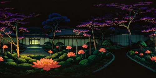 Edo period emaculate Japenese garden at night, with cozy warm toned glowy lighting. Detailed landscaping. Deep warm toned color palette. Feverish Light-bloom effect. lo-fi aesthetic.