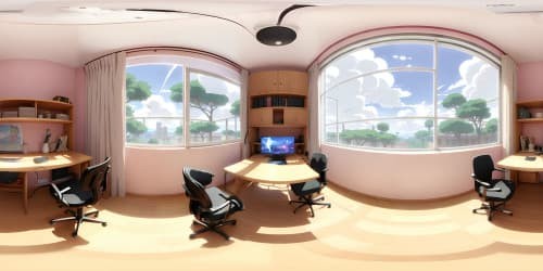 Ultra HD VR360, anime-style room. Vibrant pink hues, cat-eared VR headset, anime figurine display. Optimum Ken representation, whimsical desk setup. Ultra-realistic body contours, grand doll collection. anime-infused spectacles, VR360.