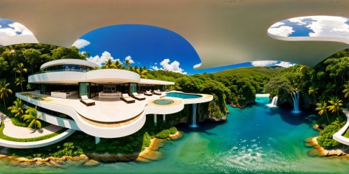 A flawlessly crafted modern mansion featuring a futuristic living space, white marble interior enveloped by verdant greenery, an open ceiling revealing the vast sky, floor-to-ceiling windows framing a tranquil water garden with cascading waterfalls, all beneath a vibrant aqua blue sky against a backdrop of a tropical beach. Ultra-high-resolution masterpiece delivering top-tier quality.