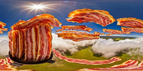 A surreal landscape of floating bacon slices in a vast, perfectly cooked prairie, sizzling under a golden, crackling sky, impeccably detailed and tantalizingly crisp.