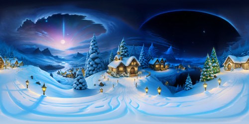 Ultra-high res VR360 masterpiece, breathtaking alpine winter landscape under starlit night sky, quaint dreamy village nested, centerpiece - splendidly adorned Christmas tree. Style: Pixar-esque, dreamy luminescence, fairytale-like charm. VR360 alpine serenity, timeless beauty, Christmas magic.