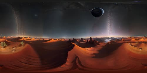 Ultra high-res VR360 Martian landscape under starlit night, myriad stars illuminating crimson dunes, fantastical Martian topography, VR360 view. Style: digital art masterpiece, emphasis on sharp quality and grandeur.