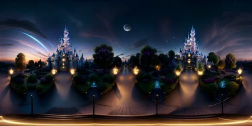 Ultra-high resolution, Disneyland Paris masterpiece, Sleeping Beauty Castle in VR360 view, night-time scene. Glowing lanterns, twinkling stars, VR360 panoramic sky view, Pixar-style visuals. Magic kingdom, whimsical ambiance, resplendent starlit sky.