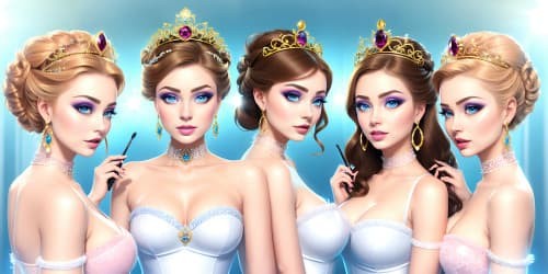  trio of 40 year old princesses_looking at mirror_at makeup table_wearing white fur coats_wearing black garments_wearing gold hoop earrings_wearing shimmering pink lip gloss_one has blue eyes_two of them have brown hair_they are squatting_close up of armpit_wearing tiara