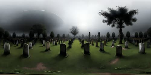 Masterpiece quality, ultra-high resolution. Nightmarish VR360 panorama, grave markers aged and decrepit. Dimly lit mausoleums, dense, ghostly fog veiling VR360 horizon. Dark, eerie graveyard, obscure and chilling. Night backdrop, translucent mist crawling over the scene, suffusing ground in foreboding obscurity.