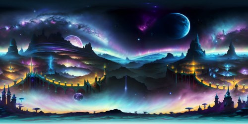 VR360 grand cosmos, Pixar-style animation, vibrant galaxies, twinkling stars, luminescent nebulae. Vivid VR360 display, ultra-high resolution, shimmering aurora borealis, expansive stellar tapestry. Final Fantasy 7-inspired, ultra-detail masterpiece.