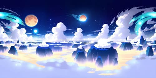 VR360 scene, detailed anime style, masterpiece quality, ultra high-res. Blue-star-dusted Rimuru Tempest, floating translucent orbs, iridescent slime texture in foreground. Expansive sky, pastel twilights, vibrant auroras. Matter-energy conversions, unseen magic swirls.