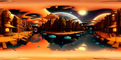 Ultra high-resolution VR360 masterpiece: cosmic city skyline, intricate canals, mesmerizing rivers, radiant waterfronts. Best quality VR360 scene, surreal art style, space environment.