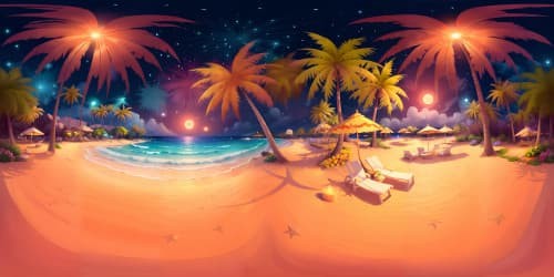 SUMMER NIGHT BEACH STARS MOON FIREWORKS WAVES PALM TREES