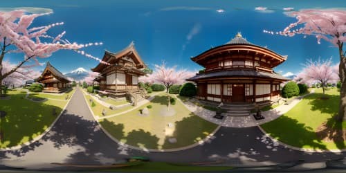 Traditional Japanese architecture, curved rooftops, intricate woodwork, VR360 panoramic view. Blossoming cherry trees, delicate petals flutter, golden sunlight. Majestic Mount Fuji, snowy peak, radiant sunset backdrop. Ultra high res details, stylized anime art, visually stunning VR360 masterpiece. Vivid colors, depth contrast, striking lighting effects. Handsomeness likened to