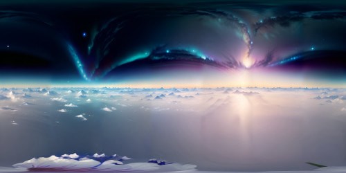 VR360: Shimmering gemstone landscape, celestial mountain range backdrop. Ultra high-res crystal flora scattered in foreground. Cosmic river, mirroring nebulous sky, celestial bodies reflected. Masterpiece style, intricate detailing, finest stroke precision, surreal color blend.