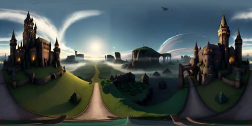 Gothic dark castle, ancient stonework, looming towers, intricate gargoyles, in an ultra-high-resolution VR360 view. Trident-arch windows, moonlit shadows, eerie, decadent grandeur of the haunted fortress. Adopting a chiaroscuro style for a masterpiece quality VR360 experience.