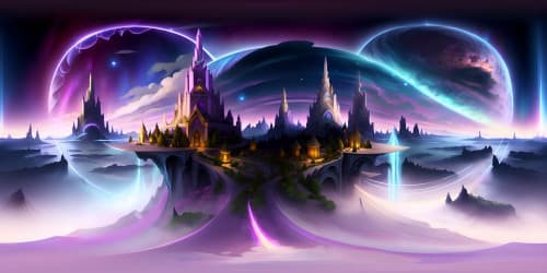 VR360 ethereal landscape, Sword Art Online influence, luminescent crystal towers, interwoven pathways soaring. Floating islands with intricate detailing, shimmering lakes. Aurora Borealis subtle, yet magnificent. Animated, high-contrast color palette. Masterpiece quality, ultra-high resolution.