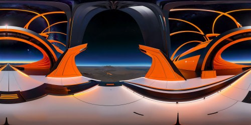 A flawless, state-of-the-art spaceship bridge in ultra-fine resolution, a jaw-dropping VR experience capturing a symphony of neon orange and sleek black accents, geometric holographic projections, and ethereal lighting, granting an 18K panoramic vista of the cosmos and Earth beneath, a true masterpiece of technology and artistry.