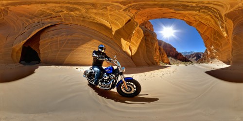 A flawless, ultra-high-resolution masterpiece of a sleek, chromed-out motorcycle gleaming under the scorching desert sun, casting an intricate web of shadows on the rugged terrain, showcasing every flawless detail and reflective surface.