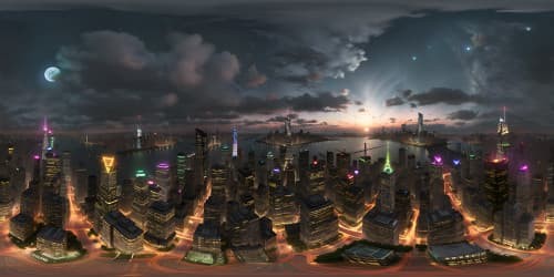 Masterpiece quality, ultra-high res, VR360 view of NYC skyline at night, glittering skyscrapers, moonlit Hudson River, star-studded velvet sky. Style: realistic digital painting, meticulous detailing, refined neon glow effects.