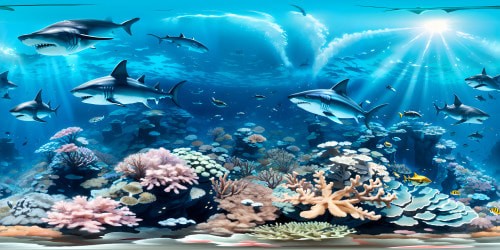 VR360 view, seafloor terrain, vibrant coral reefs. Majestic sharks, striking in their ultra-high resolution detail. Array of fish species, glittering like jeweled masterpieces. Crystal waters, soft sunlight filtering. Pixar-style aesthetic, vibrant, appealing VR360 underwater vista.