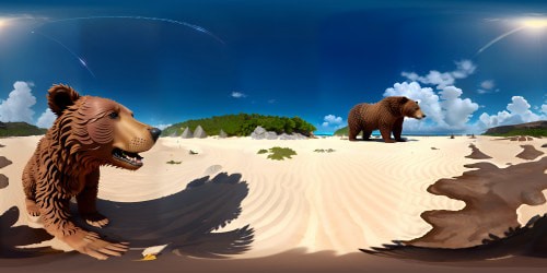 Masterpiece quality, ultra-high resolution, two intertwined forms mimicking the shape of brown bears, amorphous sandy beach, semi-transparent ocean waves. Salient style: hyperrealism, VR360 view encompasses entire beach scene, elaborately textured bear shapes, understated romance. Focal point: bear forms, remains of seashells. VR360 panoramic beach backdrop.