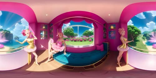 VR360 scene: Five princesses in pink leotards, gold hoop earrings sparkling, lips glossed pink. Two blondes, one with flamingo-pink hair, one with emerald-green eyes. Striking ballet poses, arms gracefully raised in the 360 skybox view. Perfect alignment, squatting position mastered. Rendered Pixar-style, ultra-high resolution, flawless masterpiece quality. Vivid colors, crisp