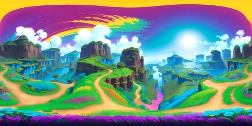 Ultra-HD VR360 masterpiece, optimal quality, grand scenic sky awash in amplified rainbow colors. Subtle whimsical elements, realism-infused style, VR360 Japanese botanical setting, ultra high resolution. Dominant VR360 floral panorama, minimalist foreground, color saturation intensity.