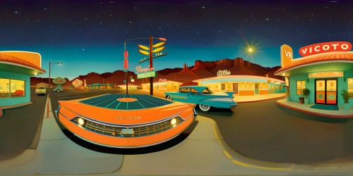 Ultra-high-resolution VR360, 1960s Route 66 neon-lit town, Radiator Springs-inspired, pastel-hued motels, retro fuel stations, masterpiece of vintage charm. Soft glows, quaint shopfronts, vibrant signage reflecting on glossy road. Pixar-style detailing, nostalgic yet cute ambiance.