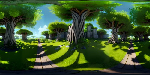 VR360 presentation masterpiece, ultra high-resolution quality. Aged oak forest, twisting branches. Gleaming sunlight piercing emerald canopy, verdant moss-carpeted floor. Mysterious, translucent orbs, softly glowing. Style: Hyperrealism, meticulous detail, profound depth, mature aesthetics. VR360 immersive panorama.