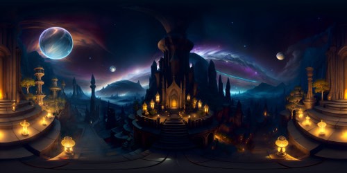 Ultra high resolution VR360 view, wizard's tower library, enigmatic tomes, floating orb lights, ancient scrolls. Grandiose, magical ambience, fantasy art style. Gargantuan celestial view, shimmering astral bodies, VR360 night sky, ethereal nebula colors, star clusters. Masterpiece quality, intricate detailing, profound depth.