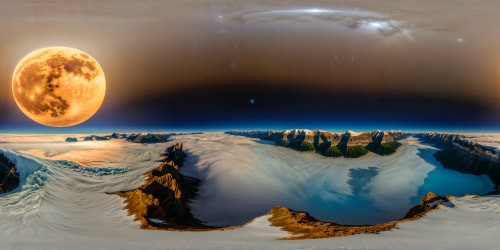 A stunning, flawless ultra-high resolution depiction of Titan's moon surface, vast icy plains extending towards the horizon, towering mountains illuminated by an eerie blue light, jagged icy cliffs reflecting the distant glow of Saturn, capturing a masterpiece of celestial beauty in intricate detail.