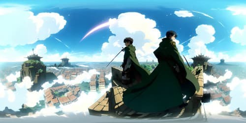 Manga Attack on Titan scene.soldiers(men and women) on rooftops. Detailed vertical maneuvering gear, Dark Green cloak flying in the wind, Survey Corps emblem on the back. Both hands grasping long swords.