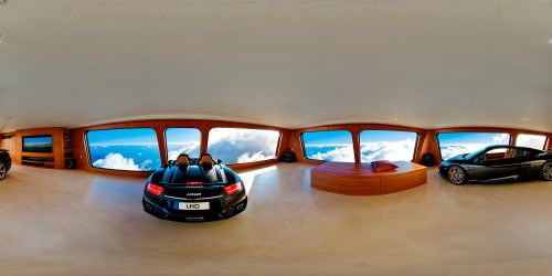 A meticulously detailed room adorned with flawless high-resolution photographs of sleek cars, some artistic and tastefully show silhouette figures, while a table at the front left and a bed in the bottom right add to the cozy atmosphere, a true visual masterpiece.