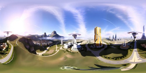 VR360 view of distant futurist city in a valley, sun casting gentle light. Floating towers, aircraft streaking white trails across the sky. Masterpiece art. VR360 ultra HD resolution, detailing exquisite.