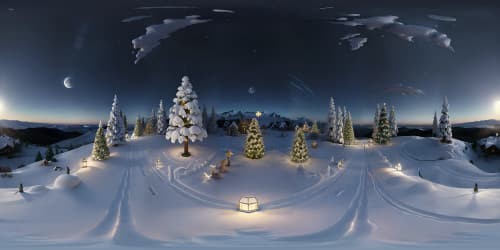 Masterpiece quality, VR360, ultra high-resolution. Twinkling Christmas stars, snowy landscape framing coy moon in frosty night sky. Cool hues, crystal clarity, Pixar-style whimsy for holiday flair. Ideal for VR360 Christmas celebration.