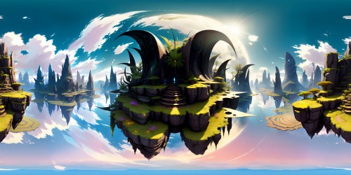 VR360 panorama of Gran Pulse plains from Final Fantasy XIII, Lush greenery, towering crystal formations, scattered wildflowers, majestic floating islands. Style: Final Fantasy realism, intricate detailing, vibrant color palette, ultra-high resolution, immersive VR360 perspective.