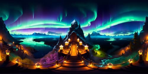 VR360 view of snow-capped mountains, cascading waterfall, aurora borealis in the night sky. Ultra-high resolution, masterpiece quality. Digital painting style featuring deep contrasts, intense colors.