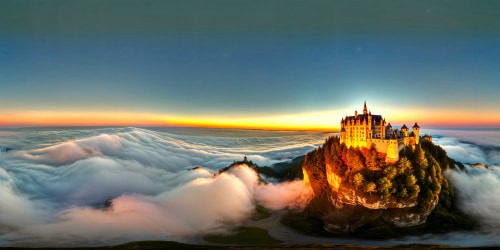 In a flawlessly detailed VR360 scene, Renaissance-era castle turrets rise majestically into the sky, bathed in the gentle hues of a blush dawn. Five ethereal princess silhouettes, adorned in white fur and gold hoops that catch the morning light, captivate against the sunrise, with a subtle hint of red lip gloss gleaming as they enchant the realm.