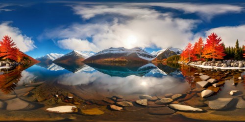 Pristine lake landscape featuring mirrored waters reflecting snow-capped mountains in the distance, vibrant autumn foliage, crystal-clear skies, and perfect lighting in ultra high resolution detail.