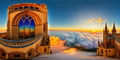 An ancient, intricately detailed cathedral cloaked in golden light at sunrise, elaborate stained glass windows casting vibrant hues, towering spires reaching towards a flawless, azure sky, ornate stone carvings capturing the first rays of dawn in ultra high resolution.