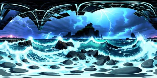 endless ocean at night with thunder and lightning storm and large crashing waves