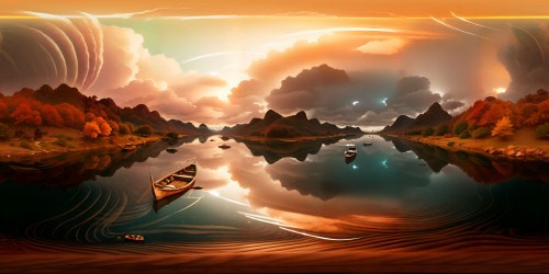 VR360: solitary boat, tranquil river, drifting, Chinese ink style, masterpiece, ultra-high resolution. VR360: Misty clouds, traditional classical approach, best quality, cold serene ambiance, emphasis on detail.