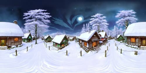 VR360 ultra-high-res, masterpiece level. Inside Undertale cosmos, iconic characters omnipresence. Location: Snowdin town, unique Undertale site. Profound winter ambiance, fantasy art style portrayal.