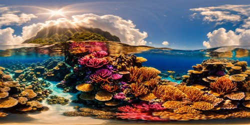 An opulent and vibrant underwater kingdom of mermaids, adorned with shimmering coral reefs, iridescent pearls, and sparkling sea plants under a crystal clear, sunlit ocean, a breathtaking aquatic masterpiece in ultra-high resolution.