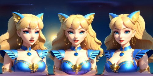 VR360 princess quintet, varying hair tones: blonde, red, cobalt-blue eyes, white fur coats in high definition. Gold hoop earrings, radiant as the sun, red lip gloss glistening. Includes one, feather-adorned, among them. Unique poses: squatting, arms uplifted, skyward. Inclusion of playful cat ears, detailed close-ups: coated underarm. VR360 style, ultra high-res, digital art