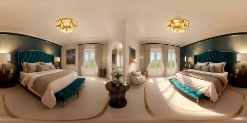 Masterpiece bedroom, ultra-high resolution details, lavish king-sized bed, upscale furnishings, ornate ceiling design. VR360 view of extravagant draperies in soft light. Intricate wall patterns, hushed pastels, lush carpet underfoot. 3D experience, Pixar-like softness, charm, whimsical elegance. VR360 exploration of a luxurious, intimate space.