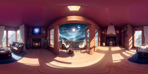 A modern mountain cabin with a large spacious great room with light wood floors a white kitchen a fireplace and a grand piano