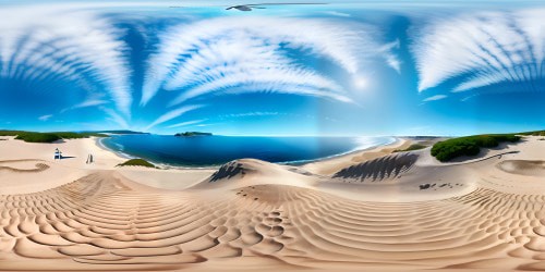  VR360 panorama, prominent fine sand beach, footprint trails, sea shells scattered, tranquil azure sea. Distance, tiny sailboats, fluffy clouds, sunset hues. Exceptionally detailed, ultra-HD, realism. No people, remember VR360 pristine isolation. Finely crafted, digital painting style.