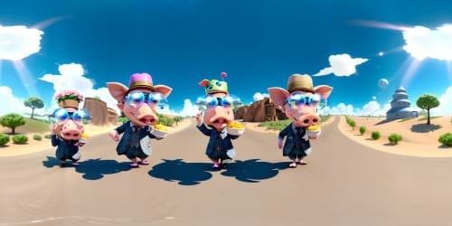 five pigs wearing derby hats and vr glasses eating ham sandwiches kids computer animation