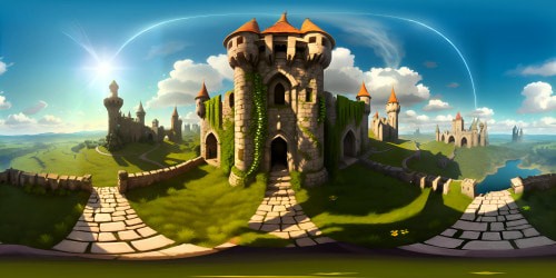 "Medieval Castle VR360" - towering stone fortifications, intricately carved drawbridge in forefront, maze-like battlements, ivy draped walls. Background dominance of moody skyline, partly shrouded in mist. Use maximal detail, masterpiece-level, ultra high res style, reminisces of fantasy-digital painting fusion.