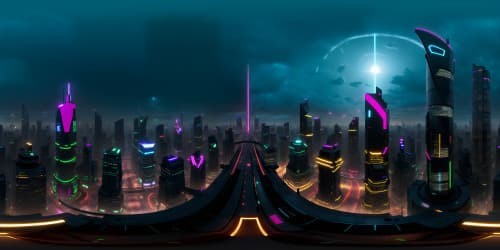 VR360 masterpiece, ultra-high resolution. Futuristic city, towering skyscrapers, neon lights, advanced technology. No people. Style: hyper-realism, detailed architecture, radiant lighting