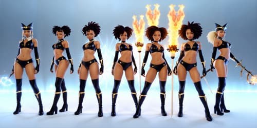 four women wearing white leotards with thigh high boots. they are evil sorceresses'. they are african american women_one woman is carryinga glowing red mace_two of the women have dreadlocksFOUR AFRICAN AMERICAN AMERICAN WOMEN WEARING RED LEOTARDS AND THIGH HIGH BOOTS' THEY ARE WITCHES. ONE HAS DREADLOCKS. ONE WITCH IS CARRYING A FLAMING TRIDENT.