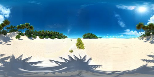 Quality masterpiece, ultra high-res VR360. Full beach expanse, soft sand textures, seashells scattered, undulating dunes. Gentle waves lapping, azure ocean extending. Tropical, lush palm trees flanking. Realistic style, contrasting sunlit and shadowed areas, detailed in VR360.